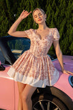 Floral Blush A Line Korset Homecoming Jurk met Korte Mouwen