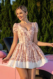 Floral Blush A Line Korset Homecoming Jurk met Korte Mouwen