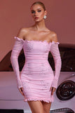 Off The Shoulder Roze Bodycon Cocktailjurk Met Kralen