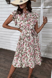 Wit Roze Bloemen A Line Geplooide Zomerjurk