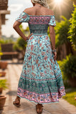 Off the Shoulder A Line Groene zomerjurk met print