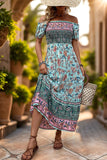 Off the Shoulder A Line Groene zomerjurk met print
