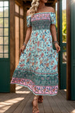 Off the Shoulder A Line Groene zomerjurk met print