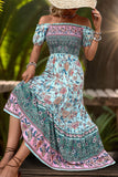 Off the Shoulder A Line Groene zomerjurk met print