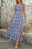 Blauw bedrukte A Line zomerjurk met split