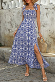 Blauw bedrukte A Line zomerjurk met split