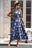 Bloemen Halter Donkerblauwe A Line Zomerjurk