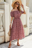 Off The Shoulder Bordeaux Bloemen Lange Zomerjurk