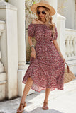 Off The Shoulder Bordeaux Bloemen Lange Zomerjurk