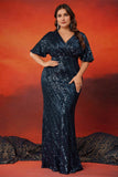 Sparkly Navy Plus Size Lange Moeder Van De Bruid Jurk