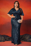 Sparkly Navy Plus Size Lange Moeder Van De Bruid Jurk