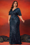 Sparkly Navy Plus Size Lange Moeder Van De Bruid Jurk