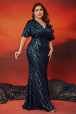 Sparkly Navy Plus Size Lange Moeder Van De Bruid Jurk
