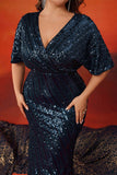 Sparkly Navy Plus Size Lange Moeder Van De Bruid Jurk