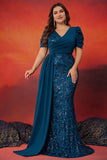 Sparky blauwe zeemeermin Plus Size lange moeder van de bruid jurk