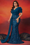 Sparky blauwe zeemeermin Plus Size lange moeder van de bruid jurk