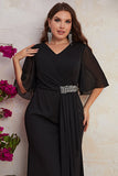 Plus Size zwarte chiffon lange moeder van de bruid jurk met ruches