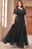 Sprankelende zwarte plus size lange moeder van de bruid jurk met appliques