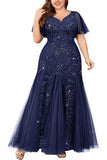 Sprankelende zwarte plus size lange moeder van de bruid jurk met appliques