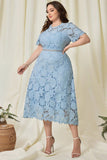 Hemelsblauwe Kant Plus Size Thee-Lengte Moeder van de Bruid Jurk