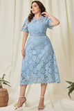 Hemelsblauwe Kant Plus Size Thee-Lengte Moeder van de Bruid Jurk
