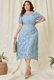 Hemelsblauwe Kant Plus Size Thee-Lengte Moeder van de Bruid Jurk