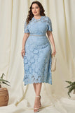 Hemelsblauwe Kant Plus Size Thee-Lengte Moeder van de Bruid Jurk