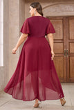 Bourgondische chiffon hoog-laag moeder van de bruid jurk met kant