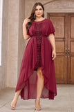 Bourgondische chiffon hoog-laag moeder van de bruid jurk met kant