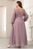 Paarse chiffon lange mouw moeder van de bruid jurk met applicaties