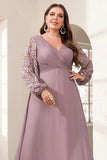 Paarse chiffon lange mouw moeder van de bruid jurk met applicaties