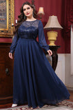 Navy Chiffon A-lijn Lange Mouw Moeder van de Bruid Jurk