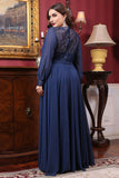 Navy Chiffon A-lijn Lange Mouw Moeder van de Bruid Jurk