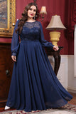 Navy Chiffon A-lijn Lange Mouw Moeder van de Bruid Jurk