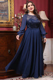 Navy Chiffon A-lijn Lange Mouw Moeder van de Bruid Jurk