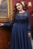 Navy Chiffon A-lijn Lange Mouw Moeder van de Bruid Jurk
