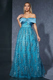 Blauwe Tule Off the Shoulder Moeder van de Bruid Jurk met Appliques