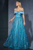 Blauwe Tule Off the Shoulder Moeder van de Bruid Jurk met Appliques