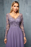 Paarse chiffon een lijn lange moeder van de bruid jurk met appliques
