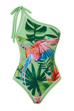 Groen Tropisch Printen One Shoulder Badpak