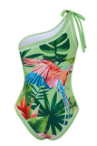 Groen Tropisch Printen One Shoulder Badpak
