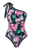 Balck roze badpak met één schouder en bloemen
