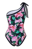 Balck roze badpak met één schouder en bloemen