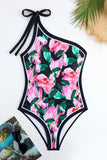 Balck roze badpak met één schouder en bloemen