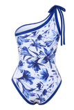 Blauwe print One Shoulder Badmode