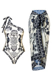 Zwart Wit Strandbadpak met One Shoulder Print en Cover Up
