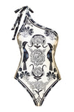 Zwart Wit Strandbadpak met One Shoulder Print en Cover Up