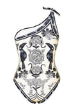 Zwart Wit Strandbadpak met One Shoulder Print en Cover Up
