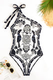 Zwart Wit Strandbadpak met One Shoulder Print en Cover Up