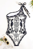Zwart Wit Strandbadpak met One Shoulder Print en Cover Up